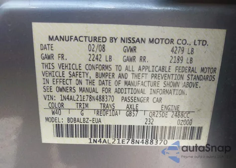 2008 Nissan Altima 2.5 S z USA, uszkodzony, nr VIN 1N4AL21E78N488370